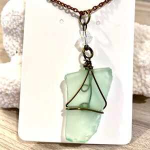 103. Handcrafted Sea Glass Pendant Necklace in Light green with Brass Wire